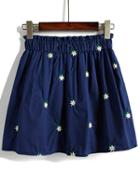 Romwe Elastic Waist Daisy Embroidered Navy Shorts
