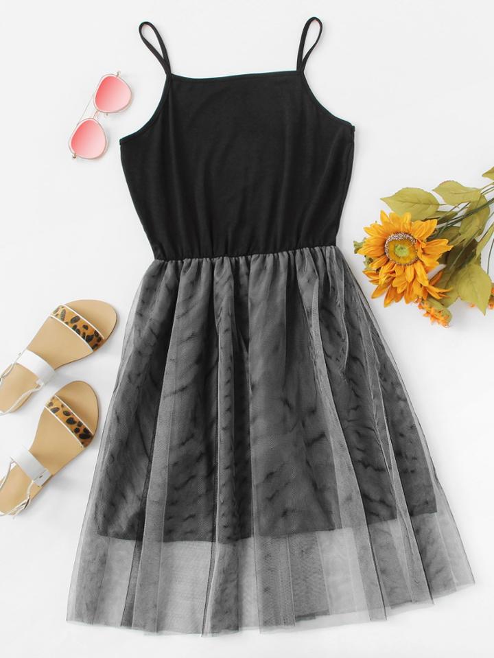 Romwe Sheer Mesh Panel Cami Dress