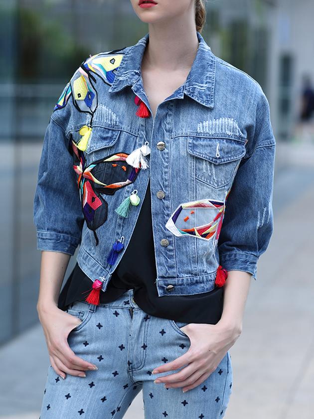 Romwe Blue Lapel Embroidered Denim Coat