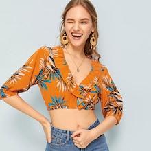 Romwe Leaf Print Flounce Trim Crop Blouse