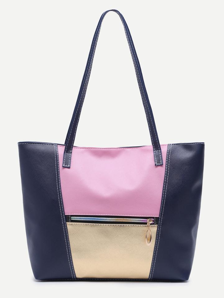 Romwe Blue Faux Leather Front Zipper Tote Bag
