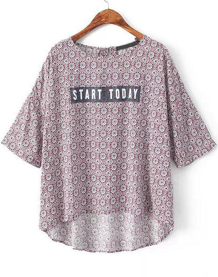 Romwe Red Round Neck Start Today Print Blouse