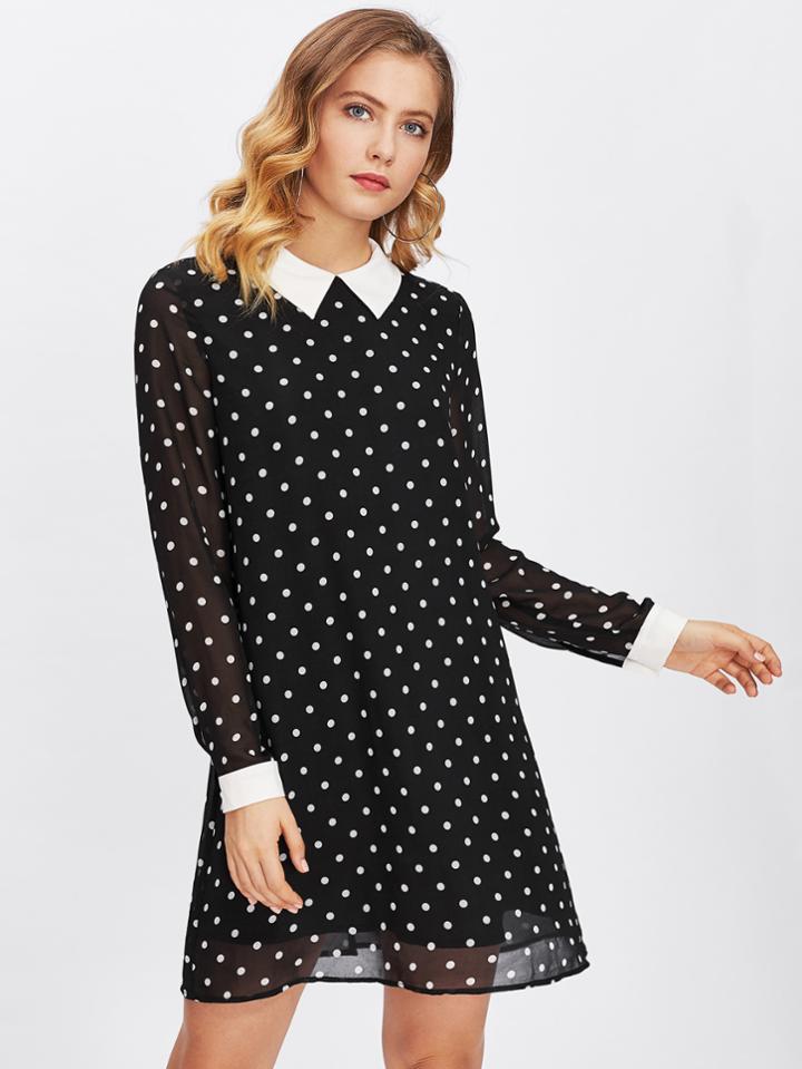 Romwe Contrast Collar And Cuff Polka Dot Dress