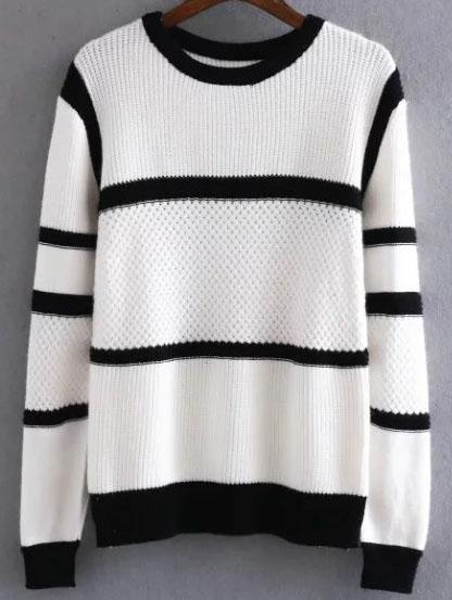 Romwe White Contrast Striped Ribbed Trim Knitwear