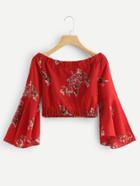 Romwe Floral Print Flounce Sleeve Off Shoulder Blouse