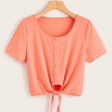Romwe Button Front Knot Hem Crop Tee
