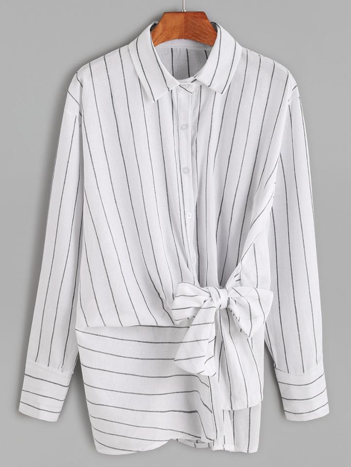 Romwe White Pinstripes Bow Tie Front High Low Shirt