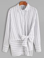 Romwe White Pinstripes Bow Tie Front High Low Shirt