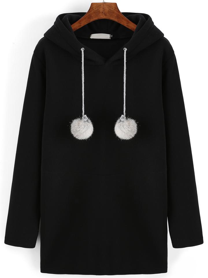 Romwe Hooded Black Sweatshirt Dress With Pom Pom