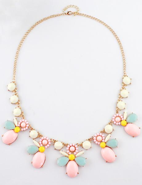 Romwe White Red Gemstone Gold Chain Necklace