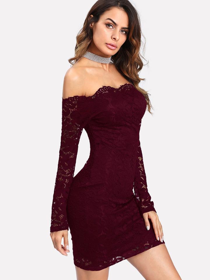 Romwe Floral Lace Overlay Bardot Bodycon Dress