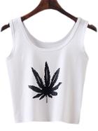 Romwe White Round Neck Leaves Print Tank Top