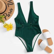 Romwe Seam Low Back Plunge One Piece Swimsuit