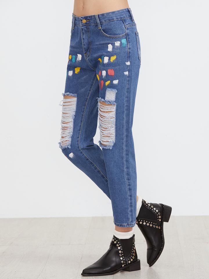 Romwe Blue Printed Front Distressed Jeans
