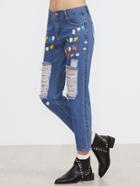 Romwe Blue Printed Front Distressed Jeans