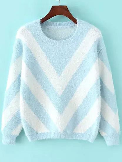Romwe Long Sleeve Chevron Print Pale Blue Sweater