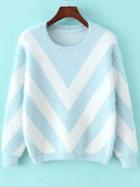 Romwe Long Sleeve Chevron Print Pale Blue Sweater
