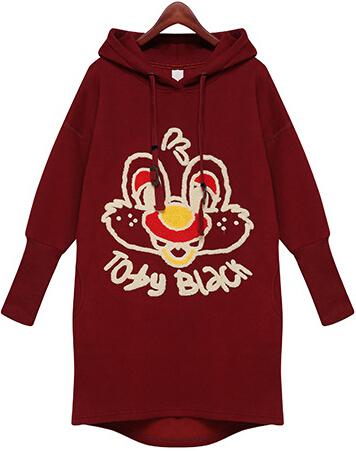 Romwe Rabbit Print Batwing Wine Red Dress