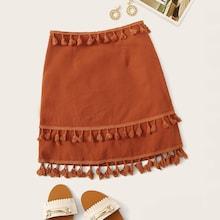 Romwe Solid Layered Tassel A-line Skirt