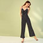 Romwe Polka Dot Contrast Lace Tie Front Cami Jumpsuit