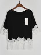 Romwe Contrast Lace Crochet Black T-shirt