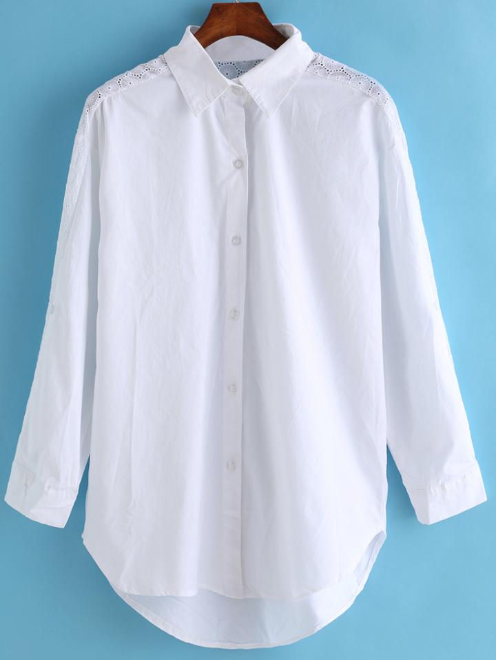 Romwe Lapel Dip Hem Crochet Insert Blouse