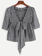 Romwe V Neck Plaid Knotted Front Peplum Blouse