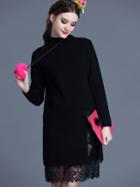 Romwe Black Stand Collar Long Sleeve Contrast Lace Dress