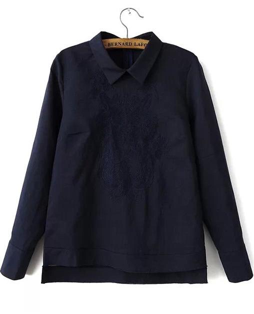 Romwe Tiger Embroidered Dipped Hem Navy Blouse
