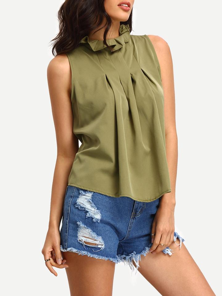 Romwe Ruffled High Neck Pleated Tank Top