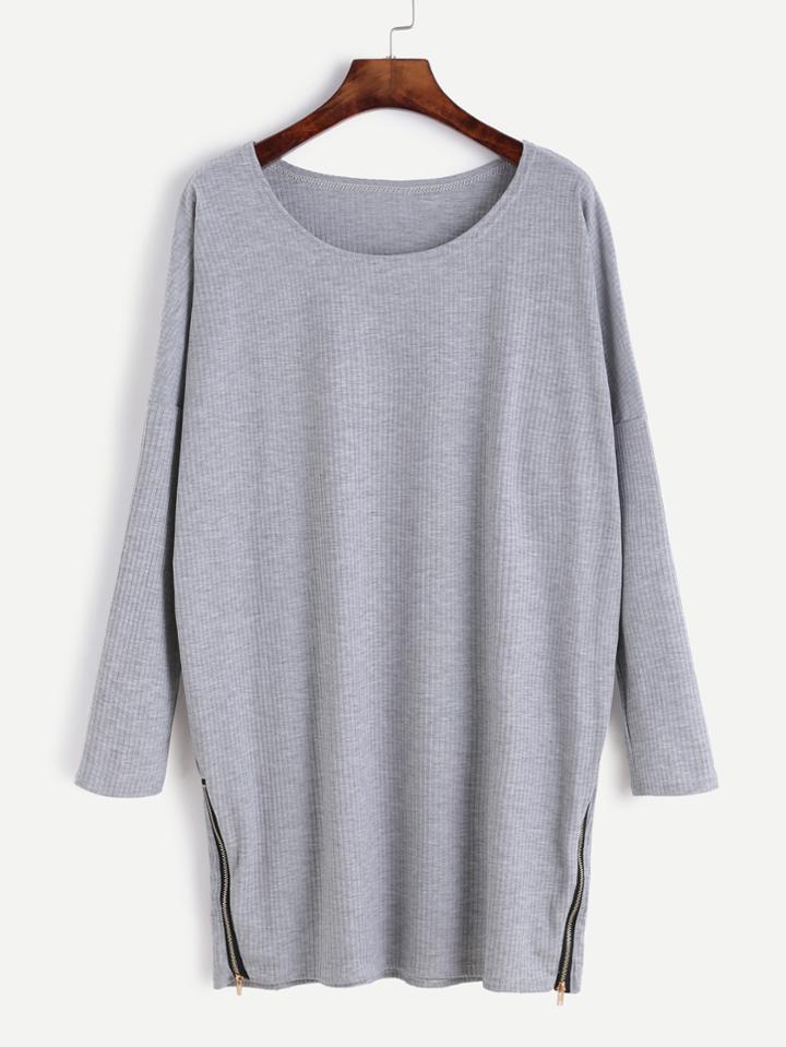 Romwe Light Grey Drop Shoulder Zip Side Ribbed Shift Dress
