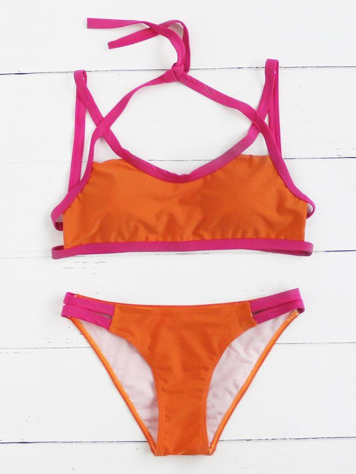 Romwe Contrast Trim Strappy Bikini Set