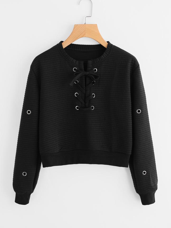 Romwe Grommet Detail Lace Up Crop Pullover