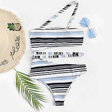 Romwe Striped One Shoulder Top With High Waist Bikini