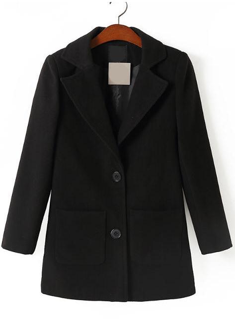 Romwe Black Lapel Long Sleeve Pockets Woolen Coat