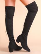 Romwe Black Point Toe Chunky Heel Thigh High Suede Boots