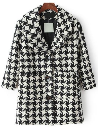 Romwe Lapel Houndstooth Single Breasted Coat With Pockets