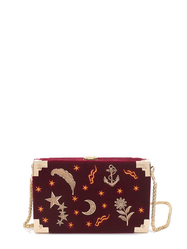 Romwe Metal Embellished Embroidery Velvet Shoulder Bag