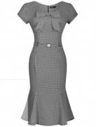 Romwe Bow-neck Small Checkerboard Fishtail Dress