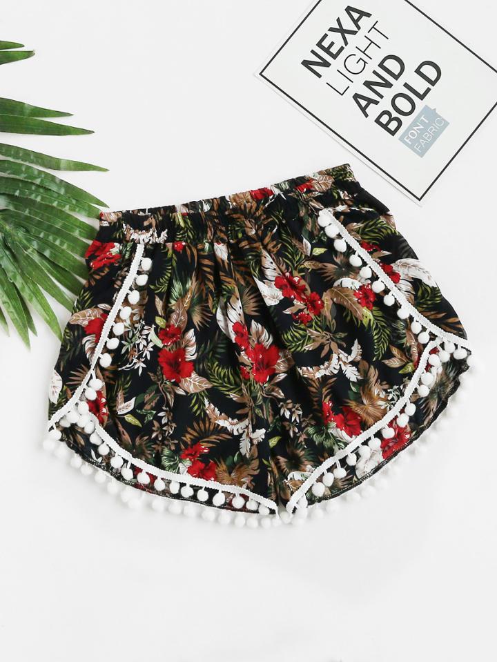 Romwe Floral Leaf Print Pompom Trim Shorts