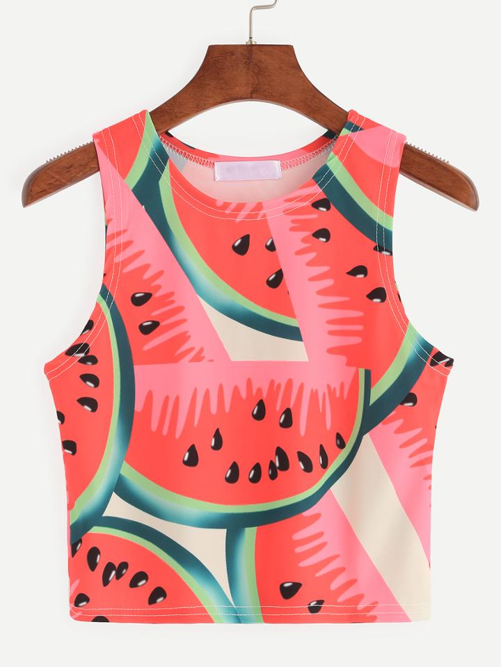 Romwe Red Watermelon Print Crop Tank Top