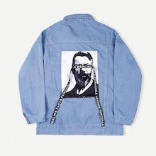 Romwe Men Contrast Letter Tape Figure Print Denim Jacket