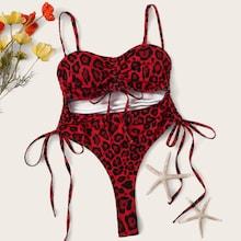 Romwe Drawstring Cut-out Leopard High Leg One Piece Swimsuit