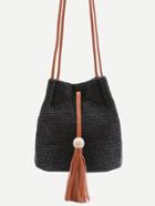 Romwe Black Woven Button Closure Tassel Trim Crossbody Bag