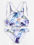 Romwe Leaf Print Cross Back Bikini Set