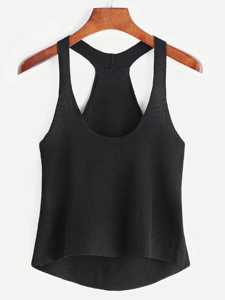 Romwe Black Knit Dip Hem Tank Top