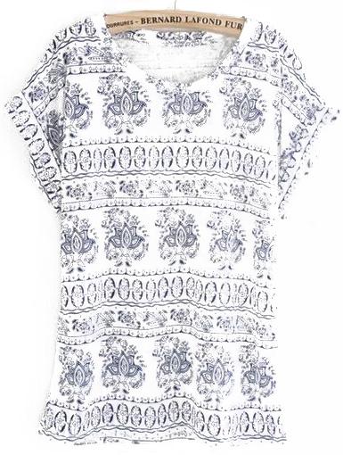 Romwe Round Neck Totem Print Blue T-shirt