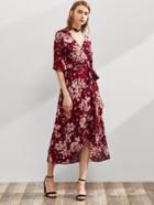 Romwe Flower Print Split Sleeve Self Tie Wrap Dress