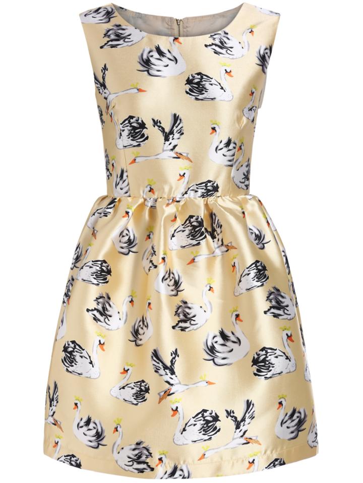 Romwe Sleeveless Swan Print Flare Yellow Dress