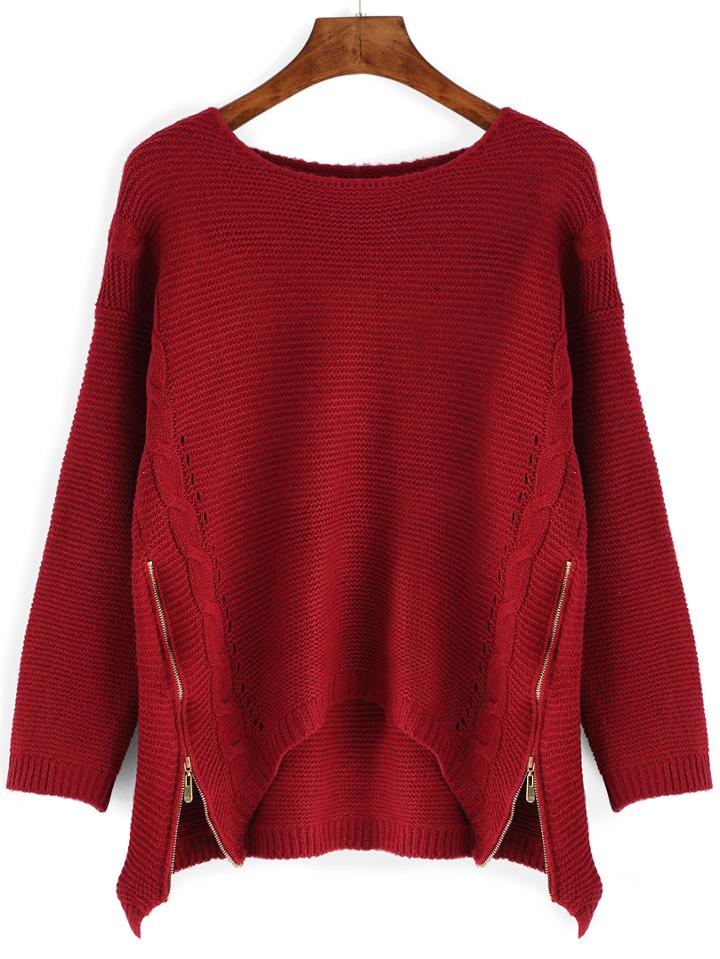 Romwe High Low Eyelet Zipper Sweater